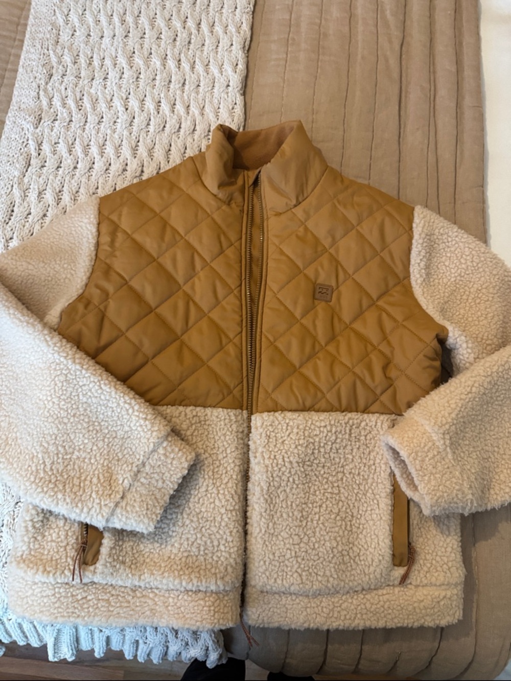 Billabong Quilted Tan and Cream Sherpa Puffer Jacket